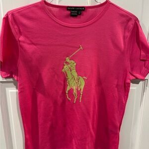 NWOT Ralph Lauren Women’s Hot Pink Tee Lime Polo Player Logo Classic Preppy Cool